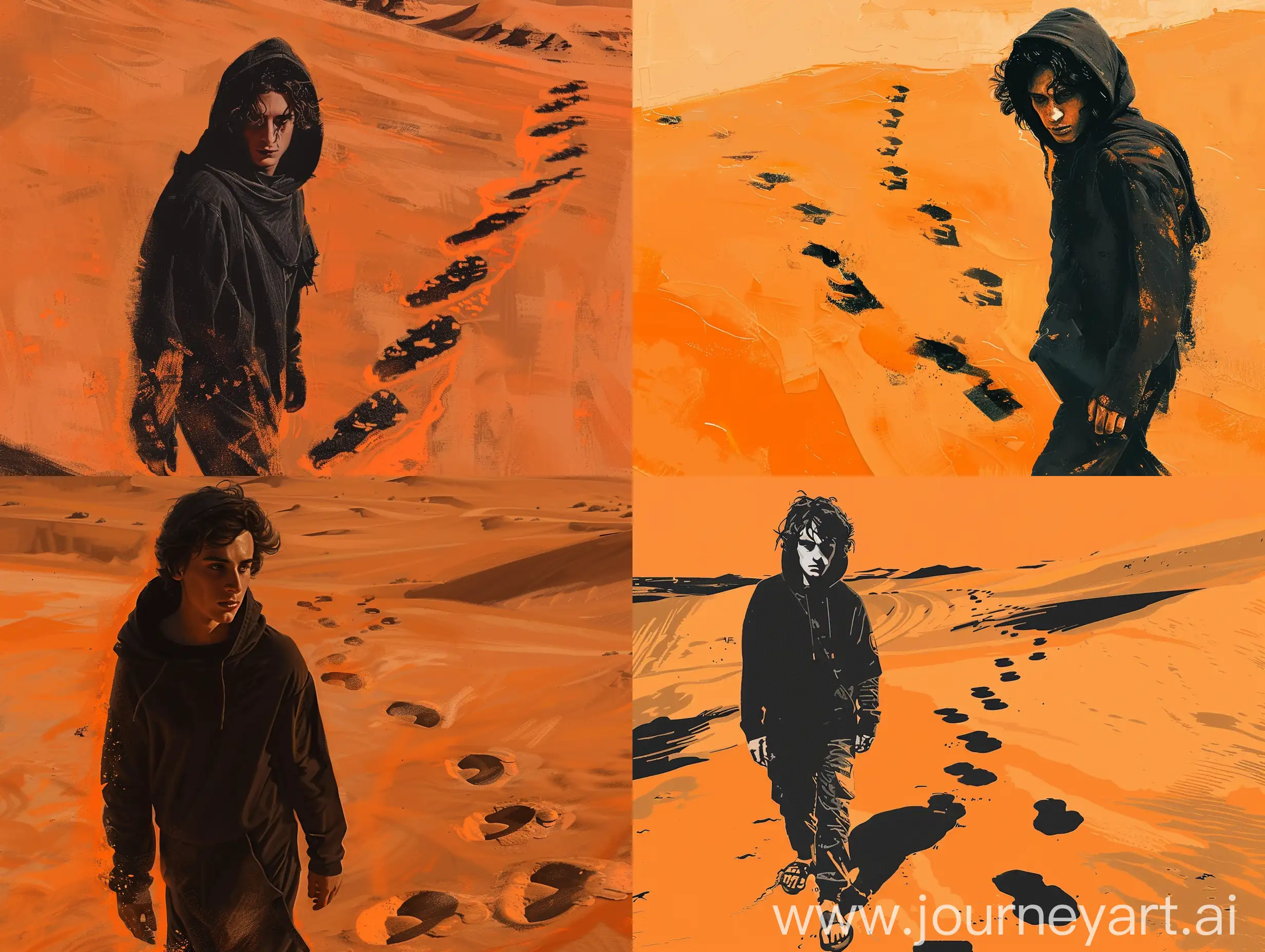 Paul-Atreides-Walking-in-the-Orange-and-Black-Themed-Desert