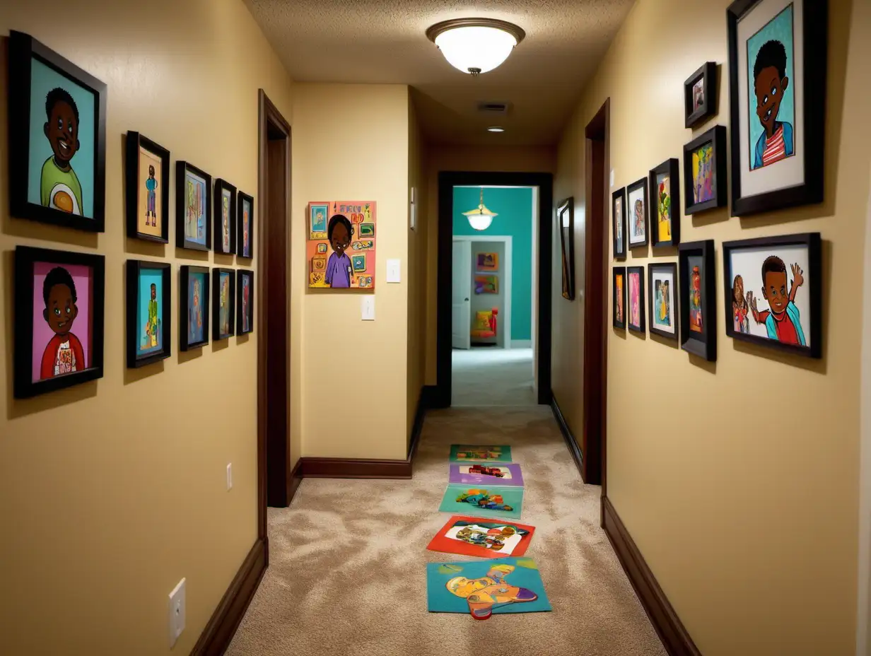 Cartoon hallway inside a suburban house for african americans. The hallway is decorated with family photos and artwork on the walls and kids toys on the floor