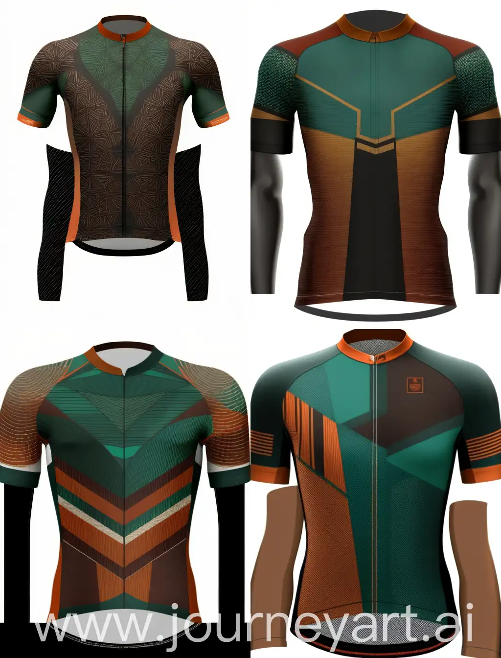 front view, design of cycling jersey, front view, dark green and green and wood and brown and orange colors, cybernetic style