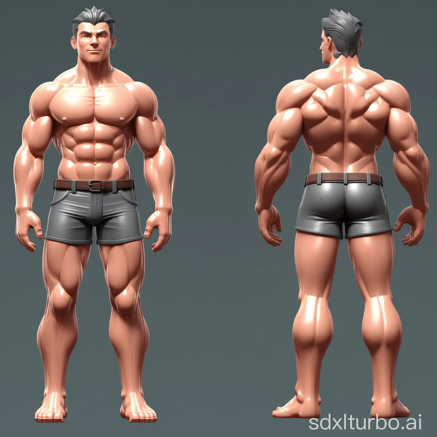 Stylized-Muscular-Male-Character-Sheet-Front-and-Side-View-in-APose-for-3D-Modeling