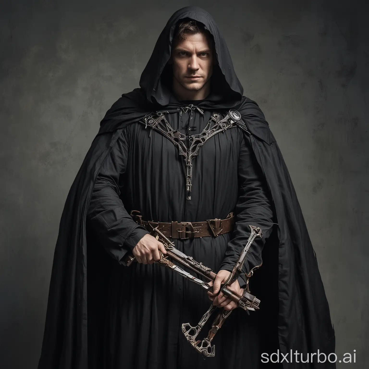 white man clothed in a long black cloak and armed with two hand crossbows 