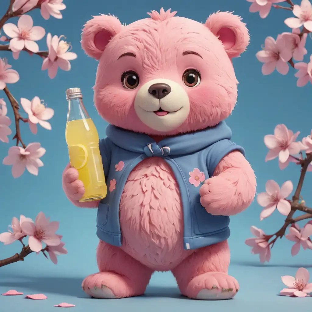 мультяшный милый розовый медвежонок держит в руках банку с лимонадом на голубом фоне с сакурой 