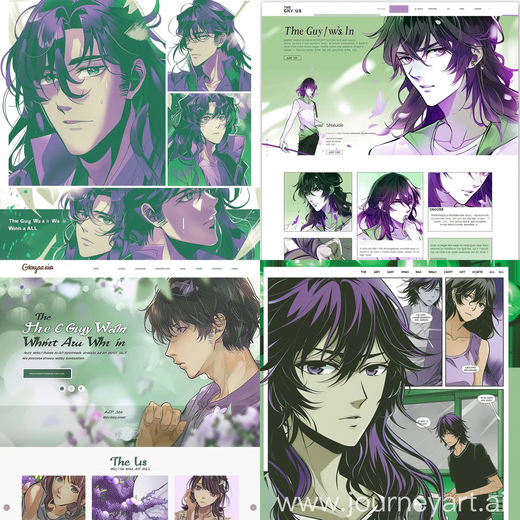 A website for a manga called ‘The Guy She Was Interested in Wasn't a Guy At All purple’ The website should include a homepage, a Chapters , and characte an about us page.should be based ongreen purple white black colors and can incorporate images