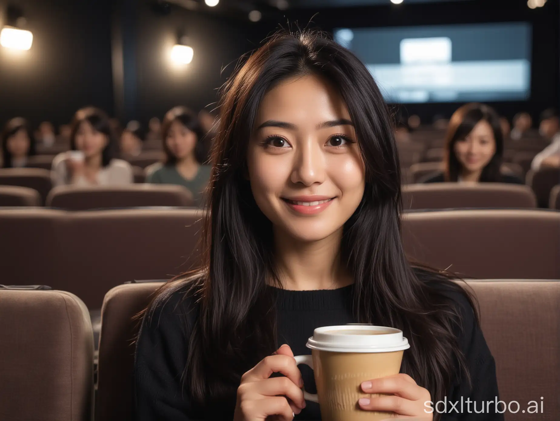 beautiful intellectual typical Japanese 33-year-old girl is in a theatre watching a movie with a cup of coffee, dark setting, smiling, some viewers in background, Instagram model, long black hair, warm, height 6.5 feets, female, masterpiece, 4k, correct fingers or hands