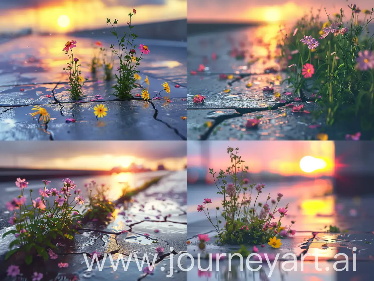 Vibrant-Wildflowers-Thriving-in-Urban-Landscape-at-Sunset