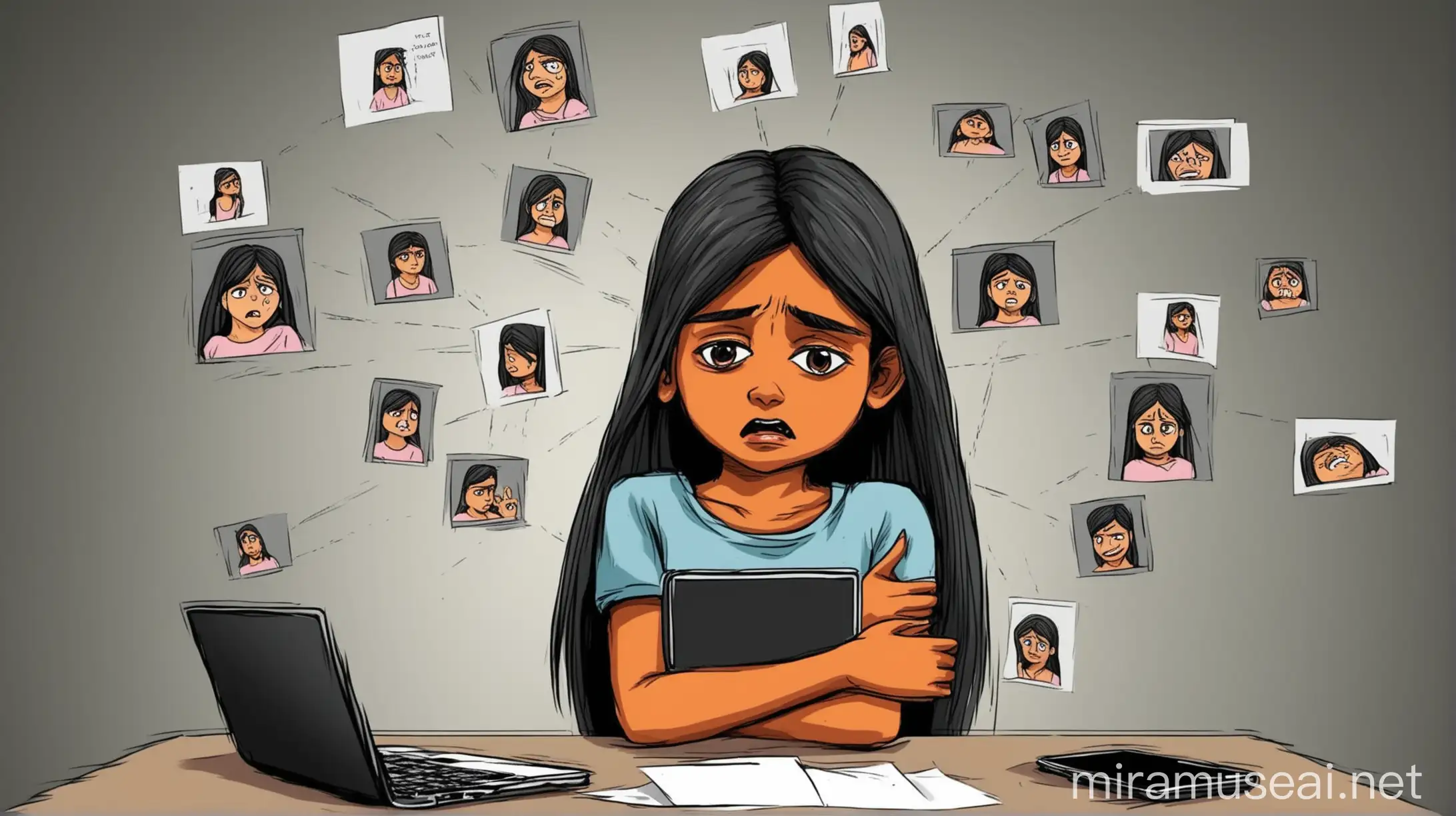 Illustration of Cyber Bullying 12YearOld Indian Girl Child Facing Online Harassment