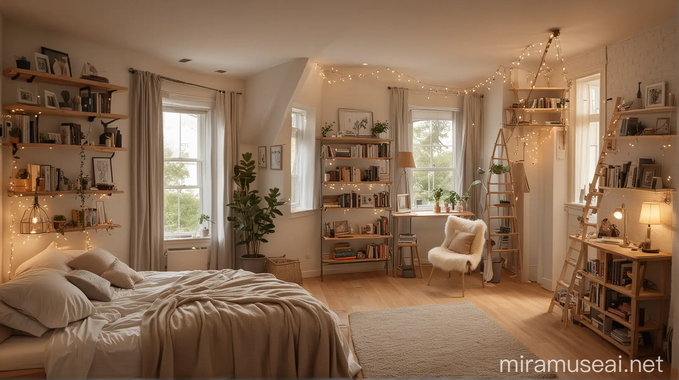 Cozy Room with Bed Closet and Reading Nook by Wide Window