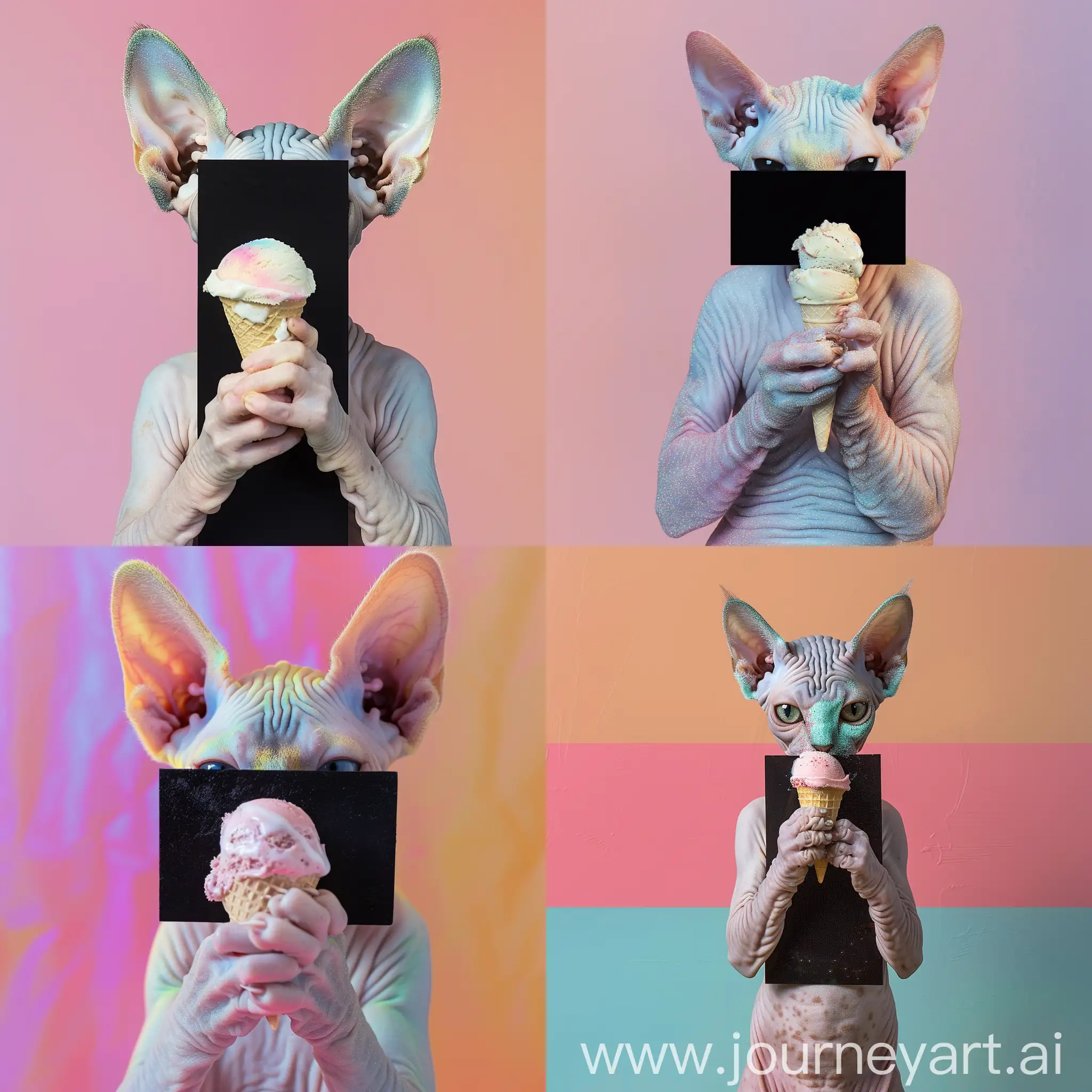 editorial photo or sphynx cat with a black rectangle shape collage hiding part of its body, pastel colors, iridescent, diamond dust, Hieronymus Bosch style image of a cute baby sphynx cat eating ice cream