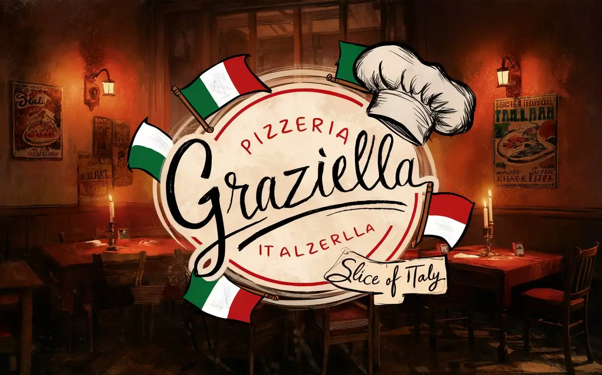 Handwriting Graziella Pizzeria logo, Italian colors, Sketched Chef's Hat, Slogan, Slice of Italy, Cozy Restaurant, Nostalgic atmosphere