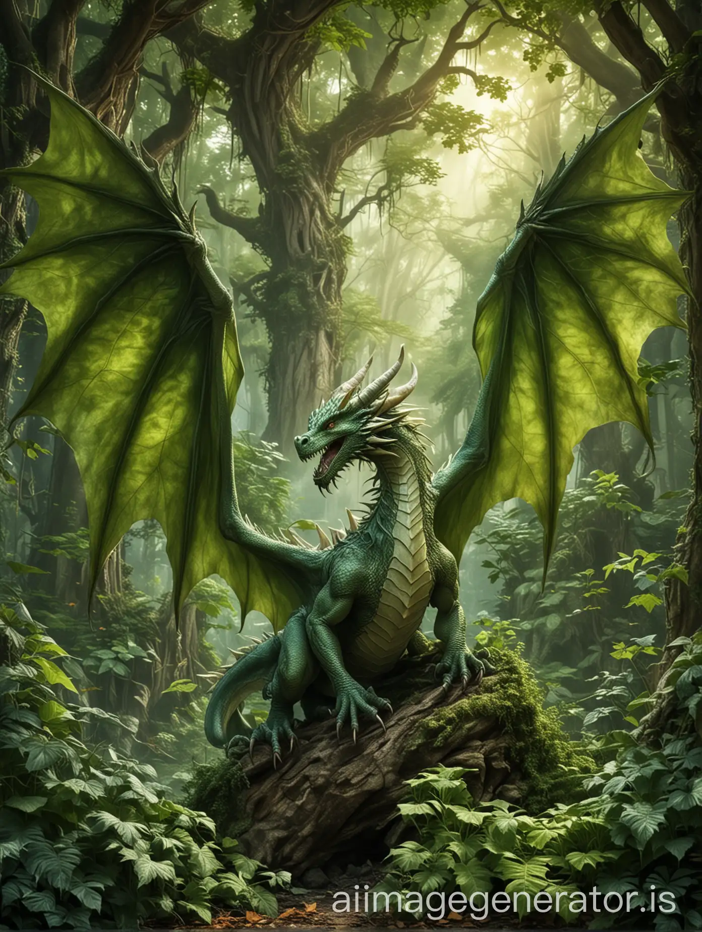 Fantasy-Dragon-with-One-Tail-and-Two-Wings-Amidst-Giant-Leaves