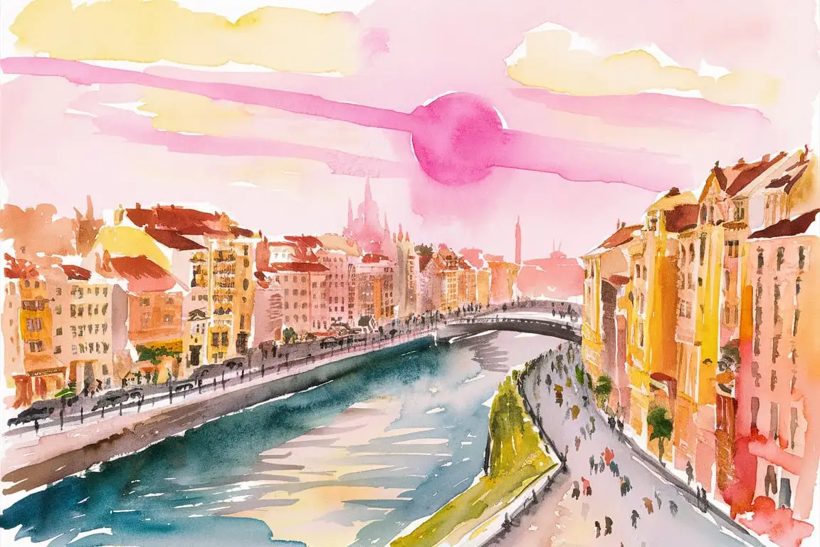 City Watercolour Painting with Pink Sunset and Light Colors