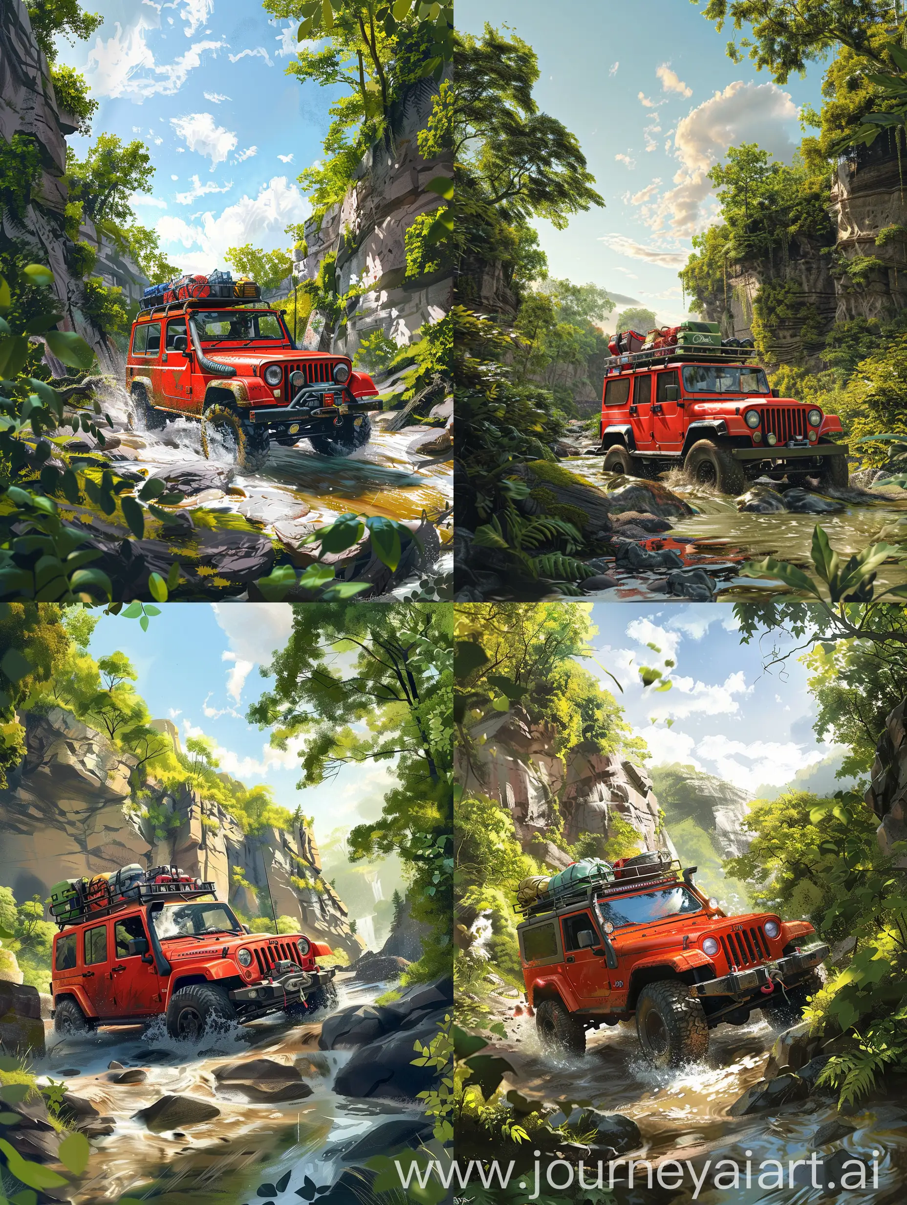 Digital painting of a vibrant red off-road vehicle, likely a Jeep, with a roof rack loaded with equipment. It’s navigating through a rocky stream, surrounded by lush greenery and cliffs, under a clear sky with scattered clouds. This type of photography is typically known as a low angle shot, which gives the impression that the viewer is looking up at the subject from a lower vantage point, emphasizing the vehicle’s imposing presence and the adventurous terrain it’s conquering. The sunlight filtering through the trees adds dynamic contrasts of light and shadow to the scene, enhancing the overall sense of adventure and exploration