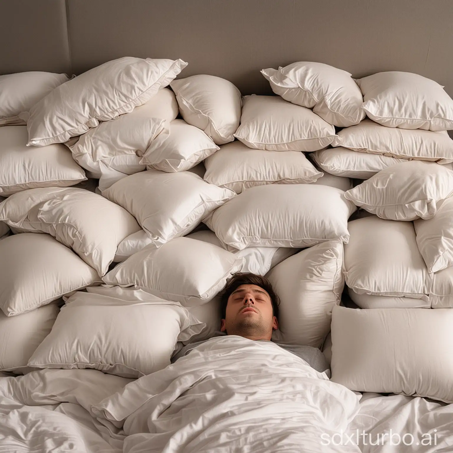 mann lies in the bed with many pillows that completely his head cover