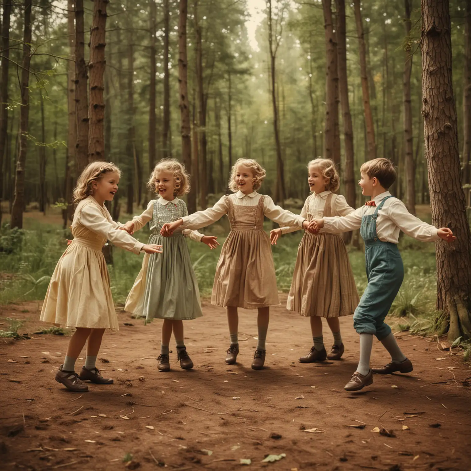 Vintage Children Dancing in a Circle in Forest Setting