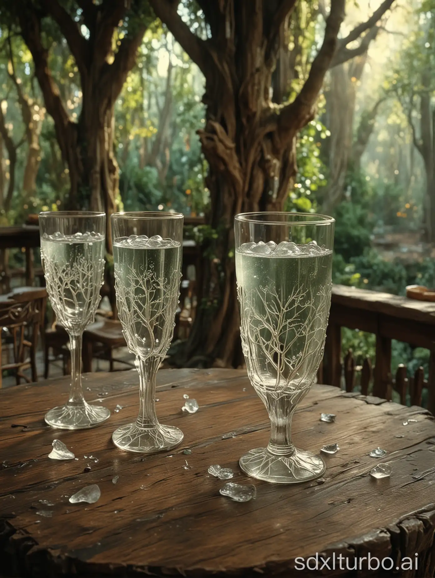 screenshot from the fantasy film "The Lord of the Rings" 2001, close-up, soft focus, table in an elven tree house in Lothlorien, exquisite glass glasses with cold drinks with ice, dreamy effect, magic