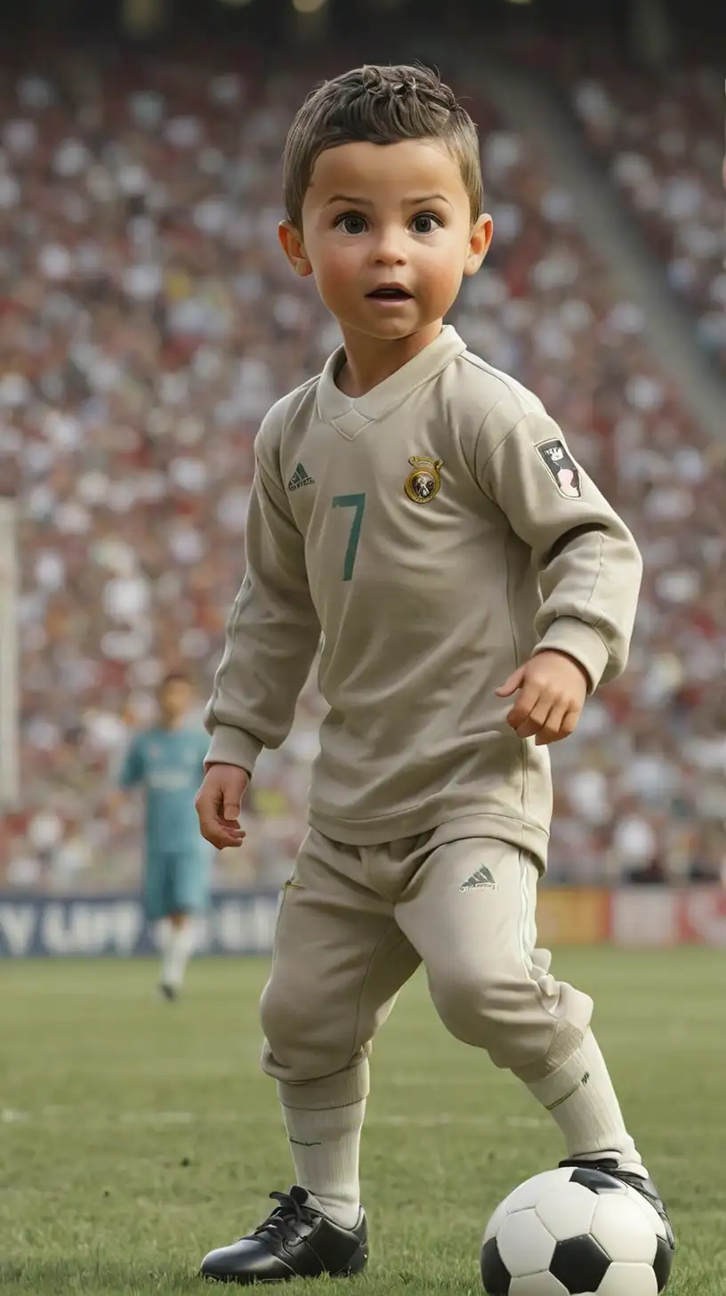 Cristiano Ronaldo as baby playing football, stadium background 