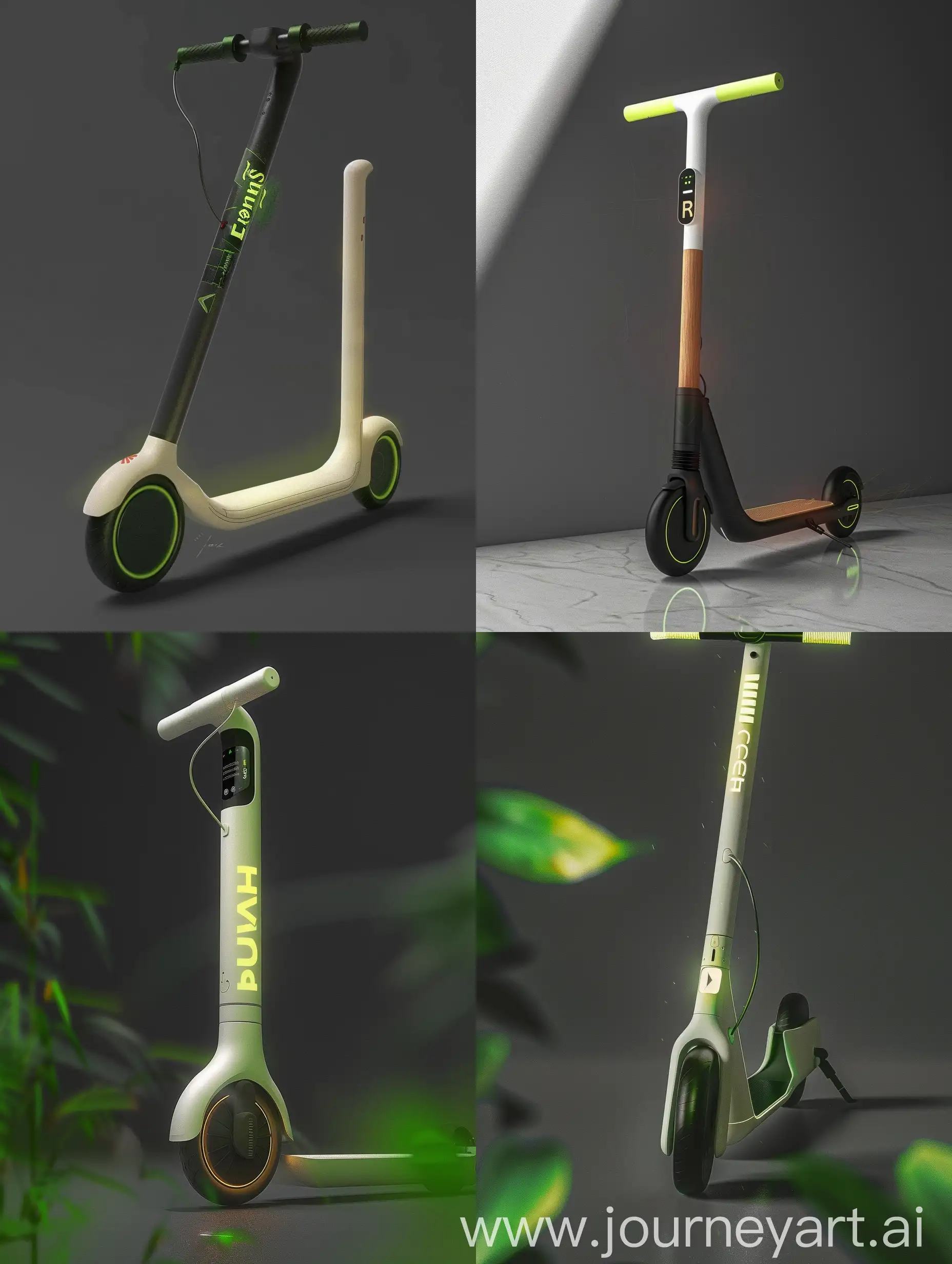 Design a elegance futuristic, foldable eco-friendly electric scooter inspired by the characteristics and symbolism of bamboo. The scooter features sleek, smooth curves with a matte warm white finish and slight transparency, accented with green tones inspired by bamboo. The handle design is minimalistic and curved, inspired by bamboo leaves, with a subtle texture, made from durable composite materials. The footboard is a multi-segmented structure with a textured, non-slip surface, folding neatly into the main body.The scooter folds into a compact cylindrical shape with non-uniform cross-sections mimicking bamboo segments. The wheels are retractable, folding into the body via a spring-loaded and gear system inspired by the retraction mechanisms of turtle limbs, ensuring a smooth, unified form. The handles fold inward along precise hinge lines, inspired by the folding of insect wings and Mimosa pudica leaves, using spring-loaded or magnetic hinges.The scooter includes solar panels for sustainable charging and a kinetic energy recovery system. A small, integrated display on the handlebar shows the map, path, charge level, and weather conditions. The design emphasizes both form and function, suitable for urban commuting, highlighting eco-friendliness and innovation. Materials used are lightweight composites with a matte warm white and slightly transparent finish, accented with green tones. The handlebar features an integrated power button and a folding/unfolding button for ease of use, with the LED display centered for clear visibility. The overall design is clean, minimalistic, and inspired by the natural elegance and segmented structure of bamboo. The scooter also features customizable LED lights and mobile app integration for personalization and tracking of usage and environmental impact.