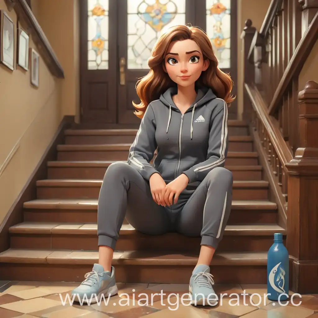 Sporty-Woman-Relaxing-on-Staircase-with-Bottle-in-Entrance-Hall