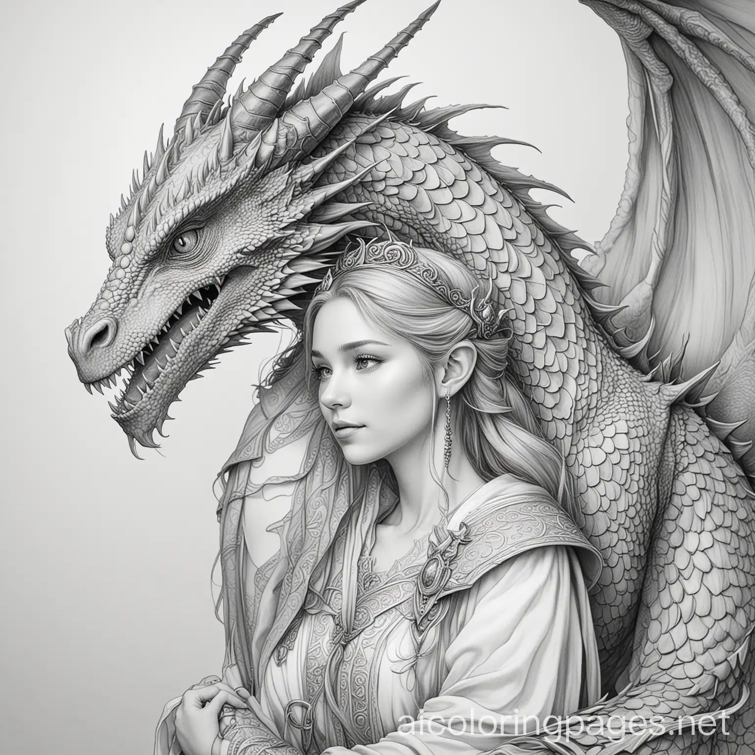 Real Dragon with a princess, Coloring Page, black and white, line art, white background, Simplicity, Ample White Space. The background of the coloring page is plain white to make it easy for young children to color within the lines. The outlines of all the subjects are easy to distinguish, making it simple for kids to color without too much difficulty