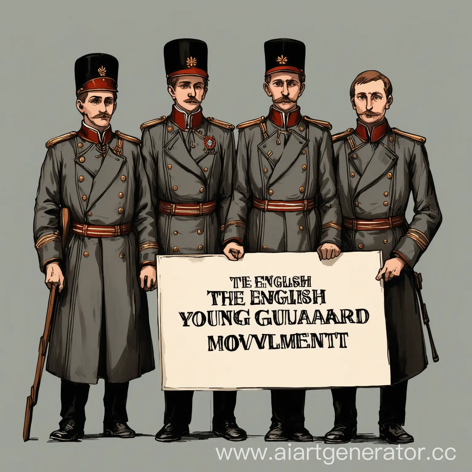 серый фон на котором стоят 3 джентельмена в пиджаках и они держат надпись "Молодая Гвардия"
