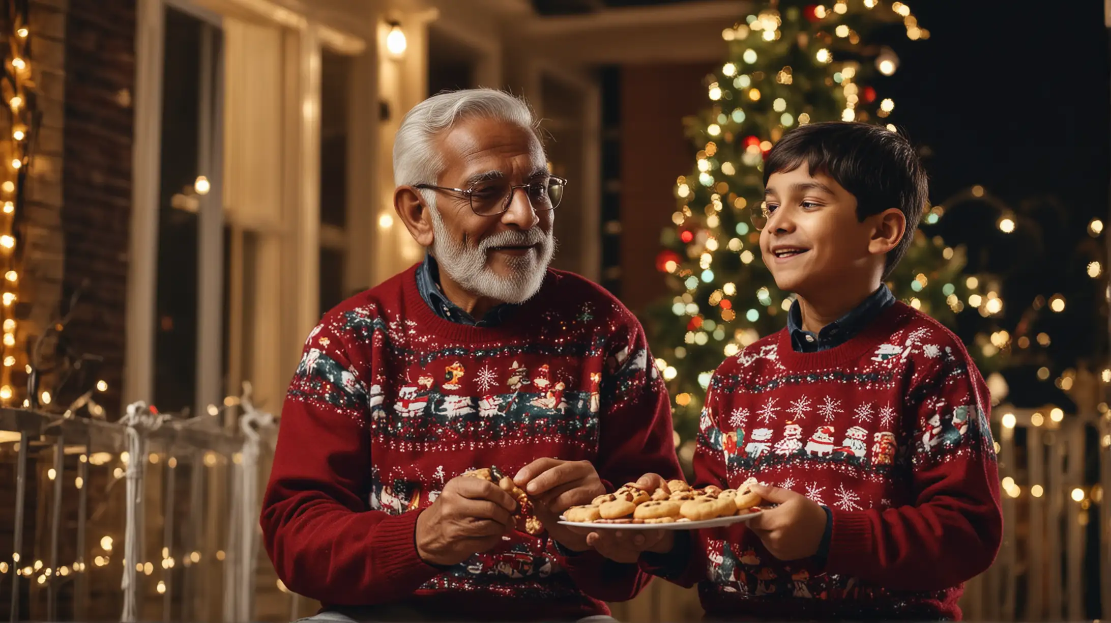 indian grandfather and grandson in matching argyle sweaters looking at christmas lights outside, evening, eating christmas cookies, happy, cinematic