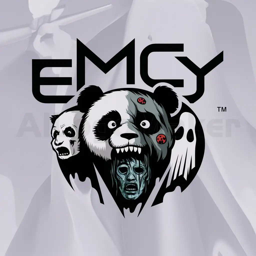 a logo design,with the text "EMCY", main symbol:[HORROR, TERROR, PANDA, MIEDO, ZOMBIE, FANTASMA],Moderate,clear background
