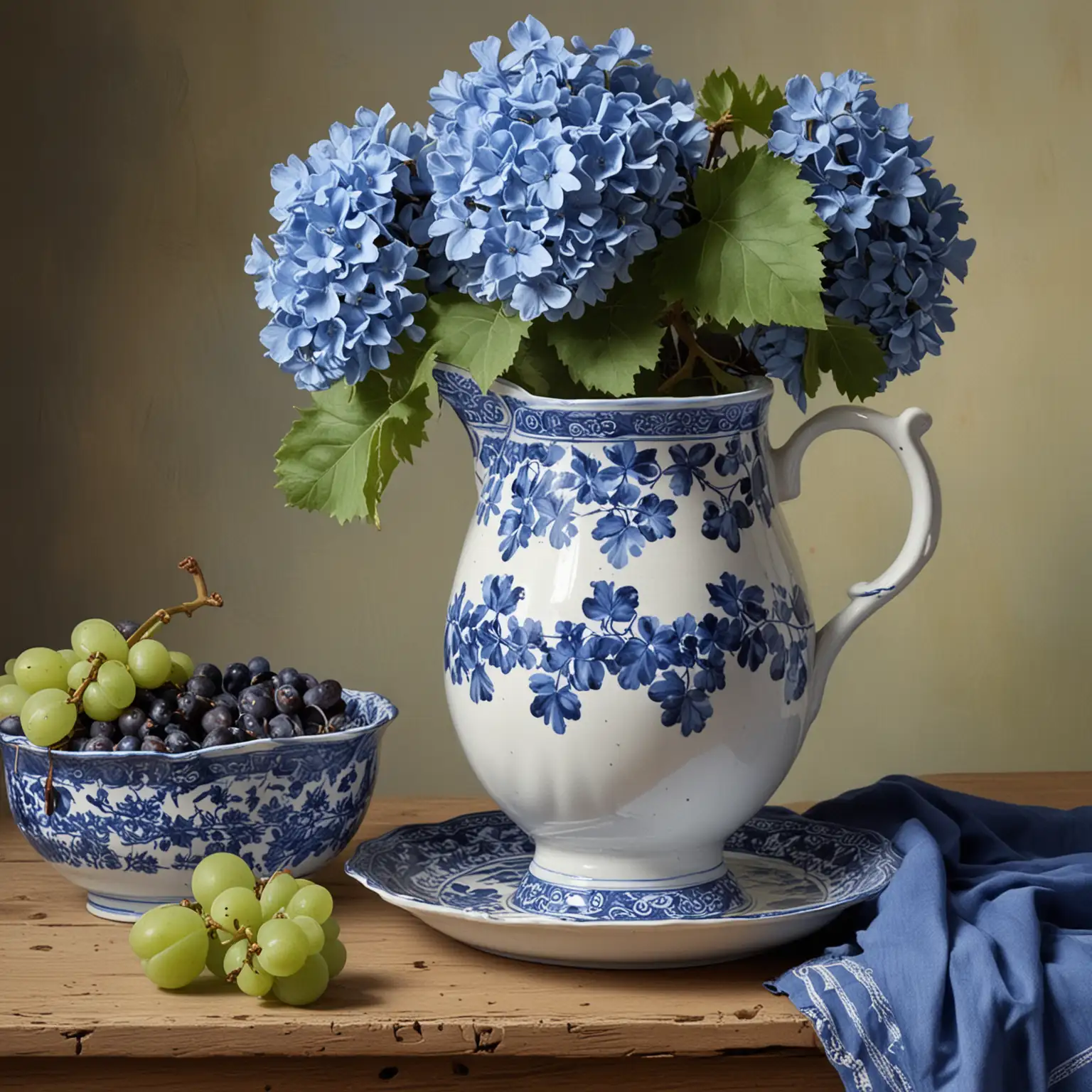 A STILL LIFE PAINTING OF A BLUE AND WHITE PITCHER WITH  BLUE HYDRANGES AND A BLUE AND WHITE CUP AND SAUCER W[TH GREEN GRAPES ON A SAUCER