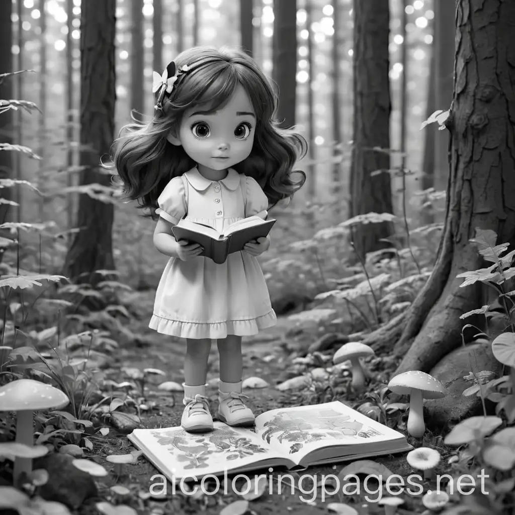 A little girl in a forest with trees, mushrooms and butterflies, holding a book and a microscope
, Coloring Page, black and white, line art, white background, Simplicity, Ample White Space. The background of the coloring page is plain white to make it easy for young children to color within the lines. The outlines of all the subjects are easy to distinguish, making it simple for kids to color without too much difficulty