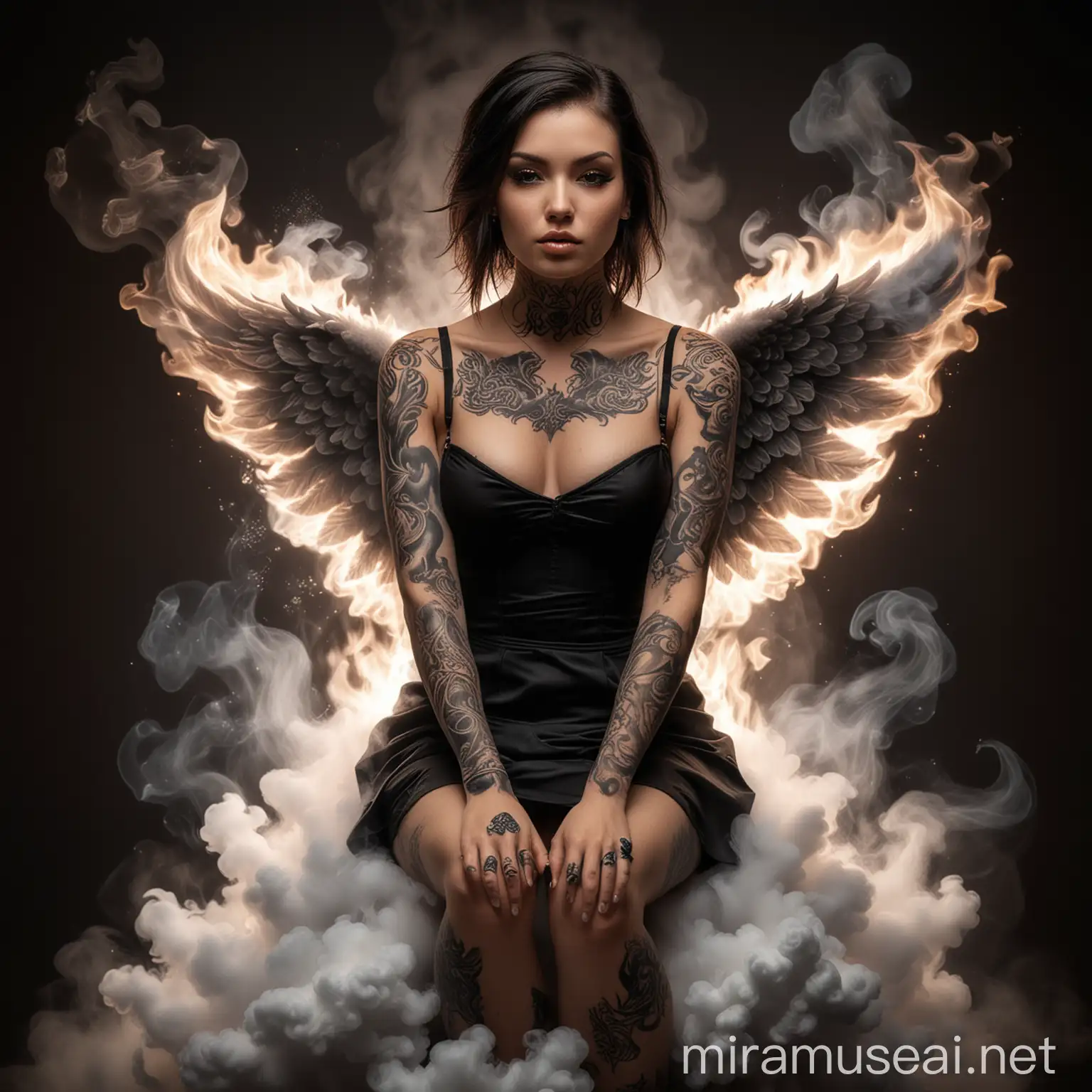 Tattooed Angel in Black Mini Dress on Smoky Flames