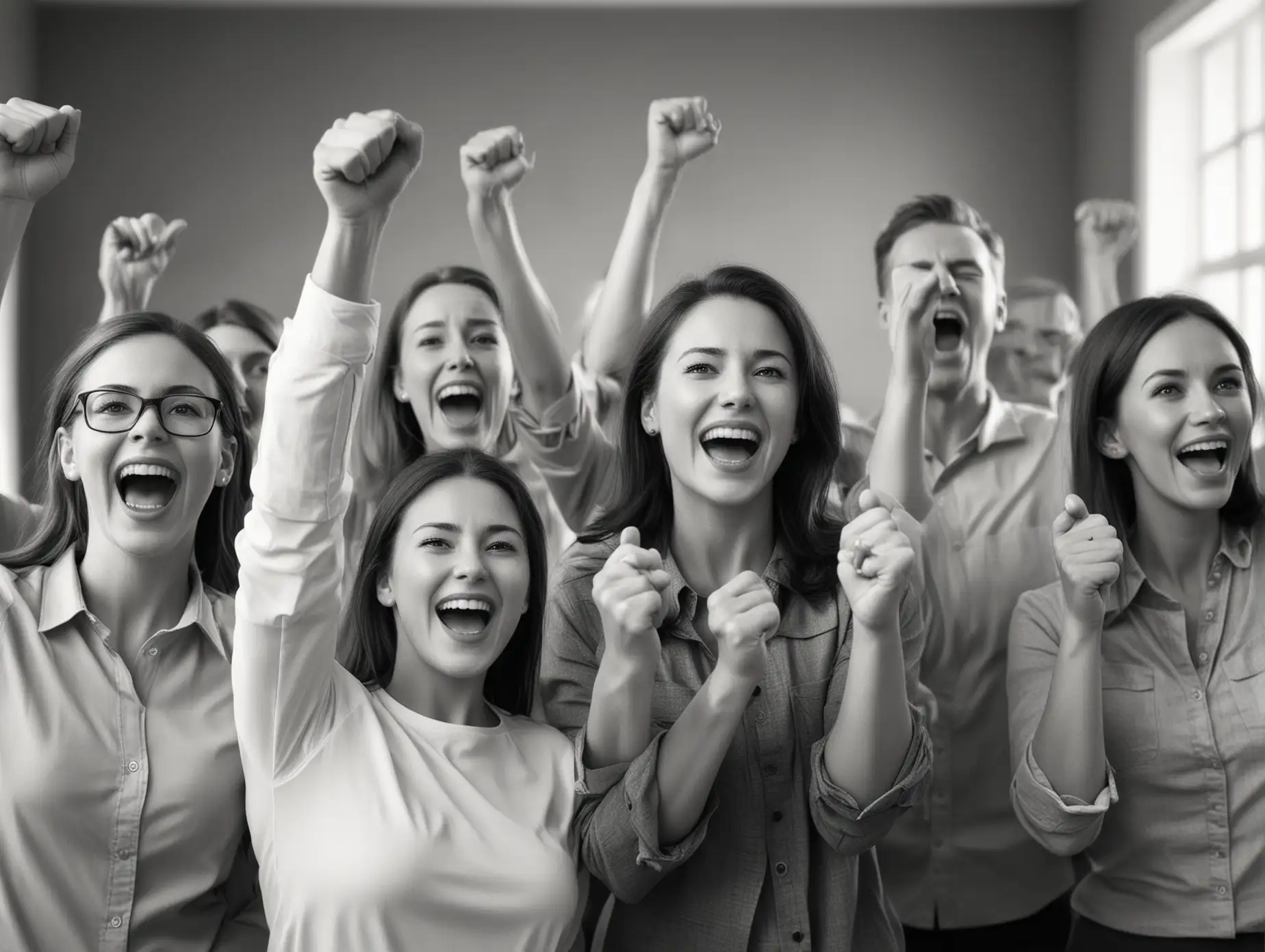 realistic black and white picture of several adults in the background cheering for an emerging adult female on her success