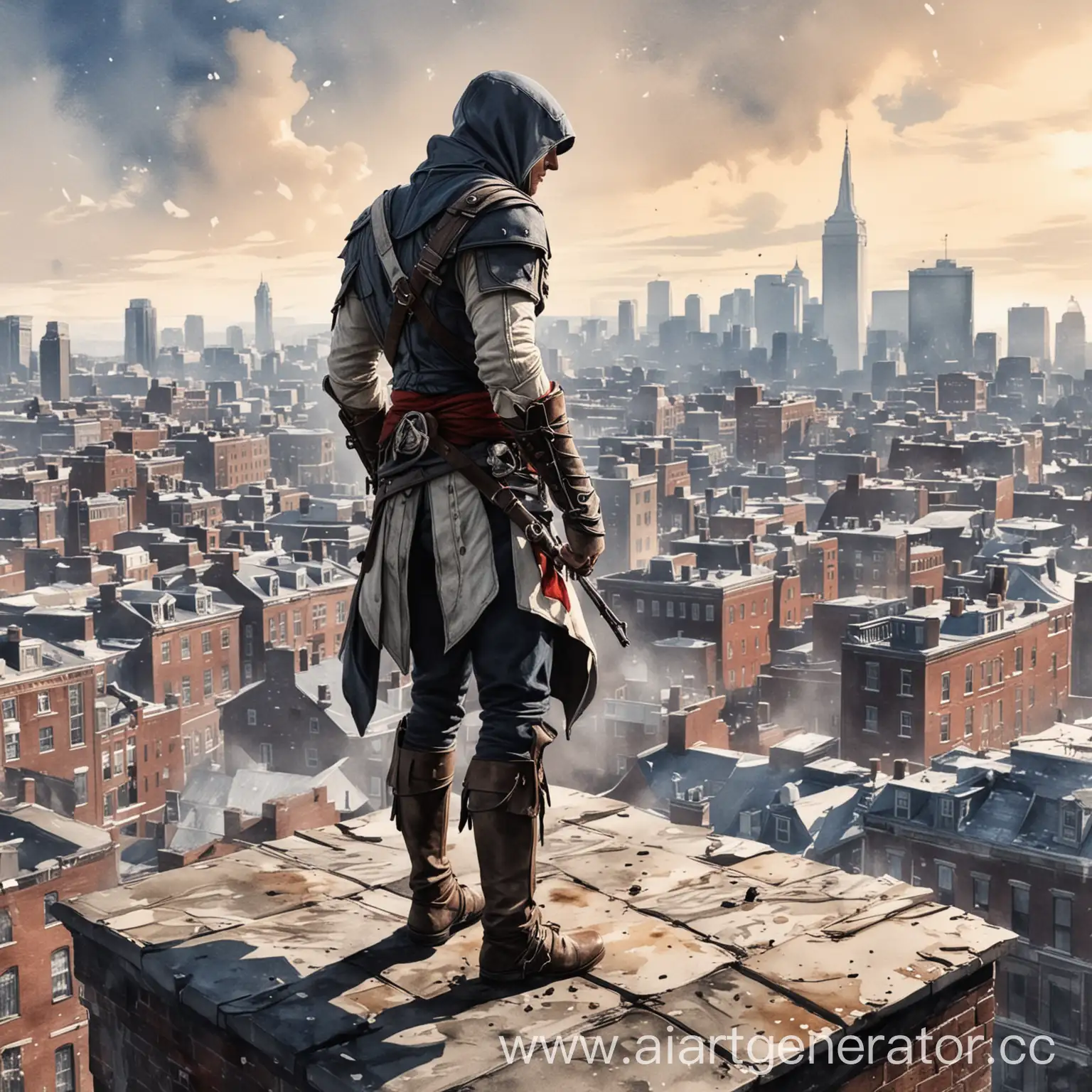 Нарисуй то, где главный герой "Коннор" из assassins creed 3 стоит на крыше вместе с отцом "Хейтемом", с видом на город Бостон, акварелью, hd