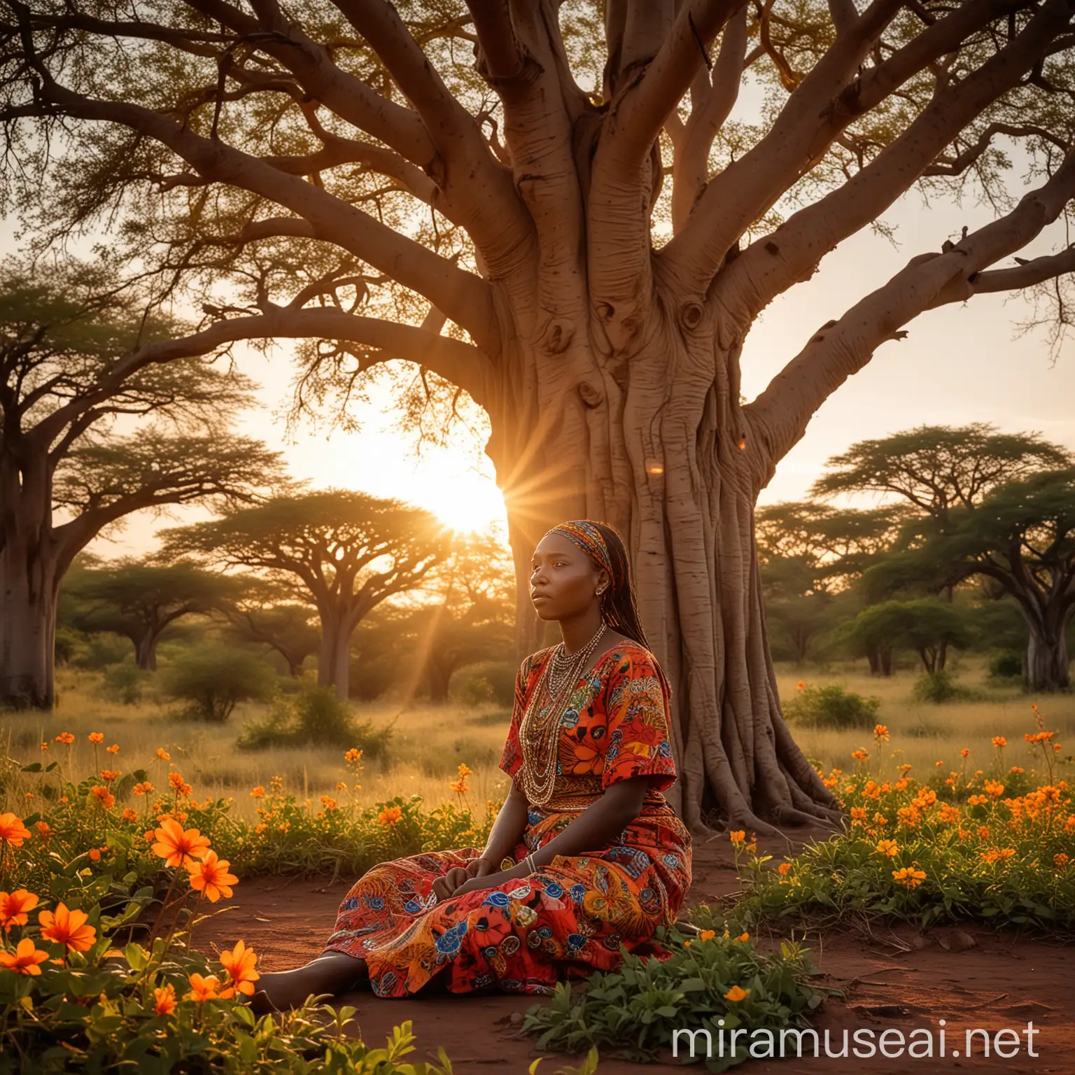 Description: A serene African savannah at dusk, with the golden light of the setting sun casting long shadows. In the center, the majestic sacred Baobab tree stands tall with its sprawling branches and thick trunk, surrounded by lush greenery and colorful flowers. Amina, a young woman with braided hair adorned with beads and wearing a bright, patterned dress, kneels by the tree, her face illuminated by the soft glow of a metallic box half-buried in the soil. Beside her, Mama Juma, an elderly woman with wise, kind eyes and traditional attire, looks on with curiosity and wonder.