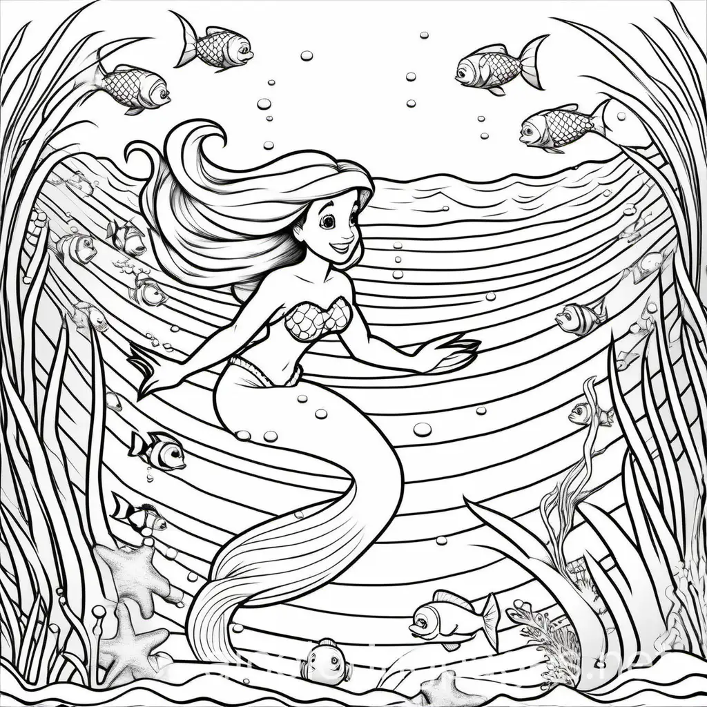 Little mermaid swimming in the ocean, Coloring Page, black and white, line art, white background, Simplicity, Ample White Space. The background of the coloring page is plain white to make it easy for young children to color within the lines. The outlines of all the subjects are easy to distinguish, making it simple for kids to color without too much difficulty
