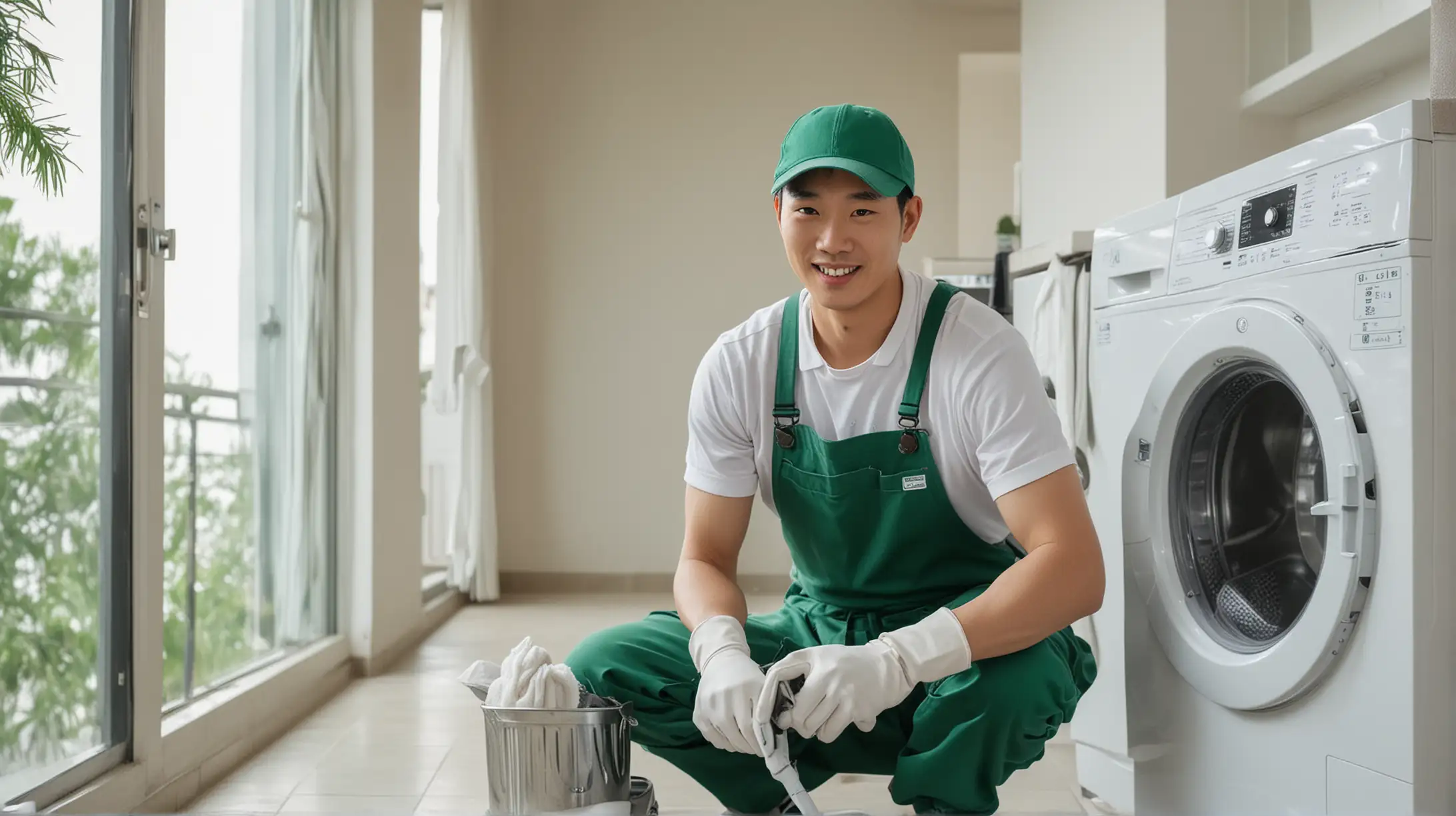 一位中国男家政，戴着棒球帽，戴着白色手套，拿着工具微笑着正在蹲着清洗洗衣机，穿着湖绿色围裙。背景是阳台
