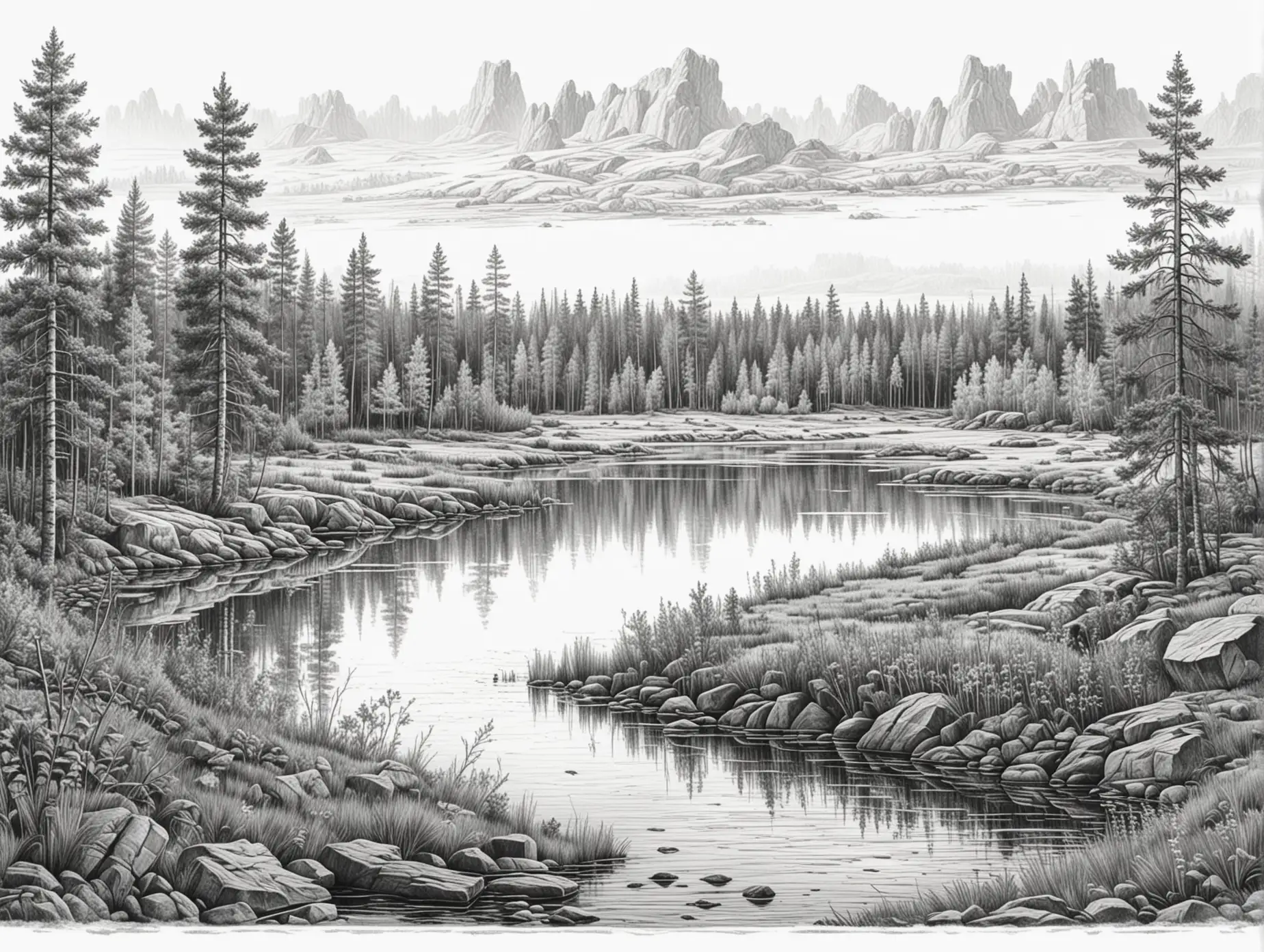 Карельские пейзажи рисунок  на белом фоне в стиле карандашной графики, максимально детализированный