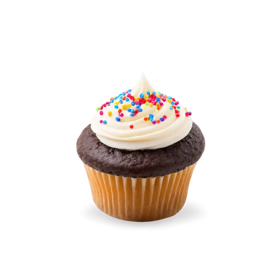 single cupcake with smooth and creamy frosting topped with colorful sprinkles.