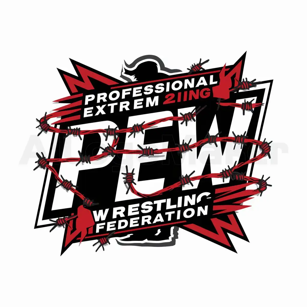 a logo design,with the text "PROFESSIONAL EWTREME WRESTLING", main symbol:logo for Hardcore Wrestling Federation, with barbed wire, black and red and white,with the initials “PEW,complex,be used in Events industry,clear background