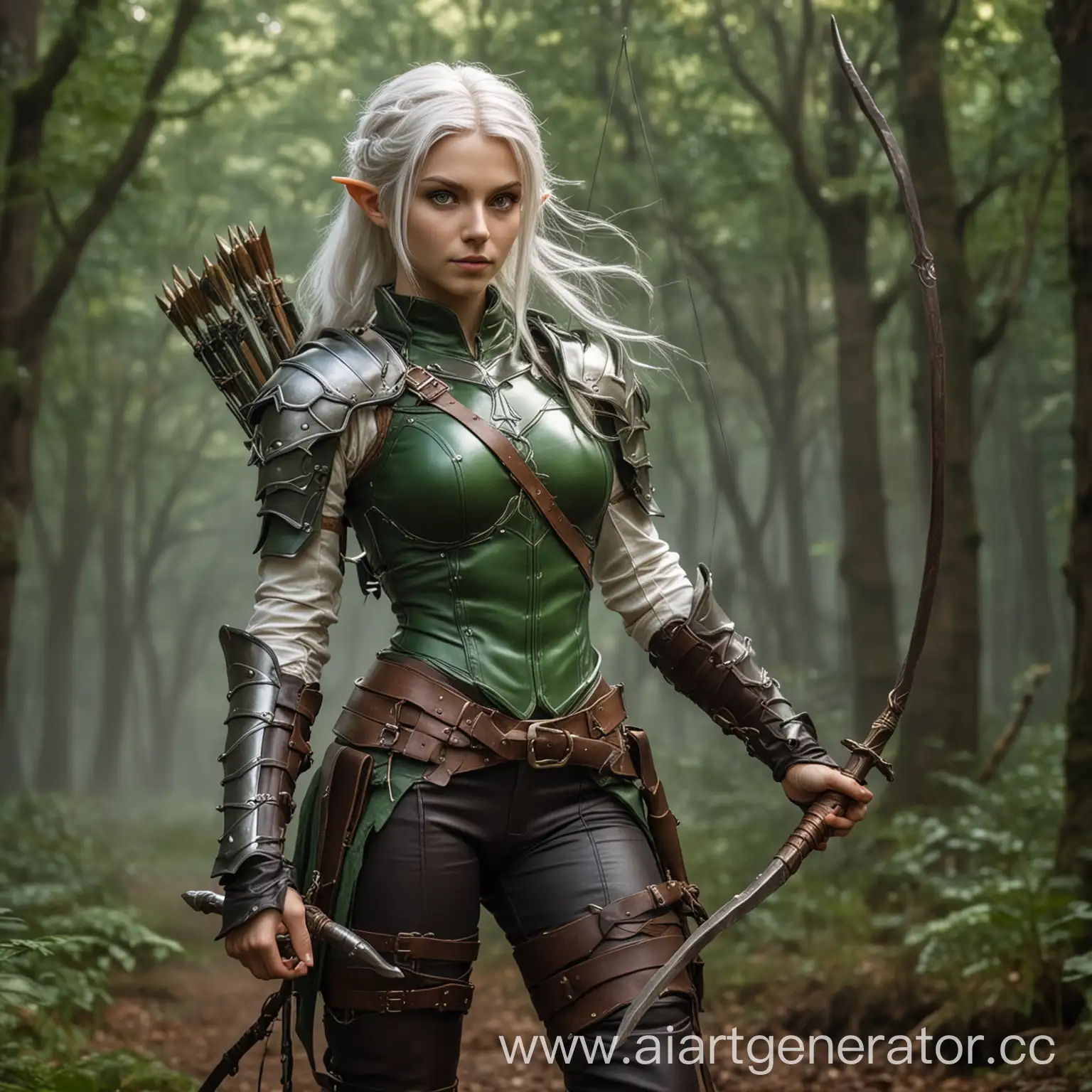 A forest elf with medium-length white hair, a toned body, a size two bust and bright green eyes. She is wearing leather armor, light fabric pants and a shirt under the armor. She has a long bow and quiver on her back, and a scabbard for two short swords is attached to her belt.

