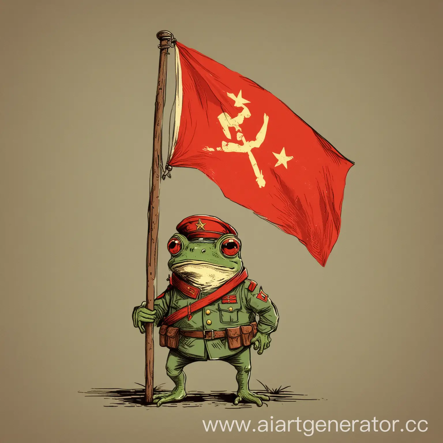 Soviet-Military-Frog-Holding-Red-Flag-Cartoon-Illustration