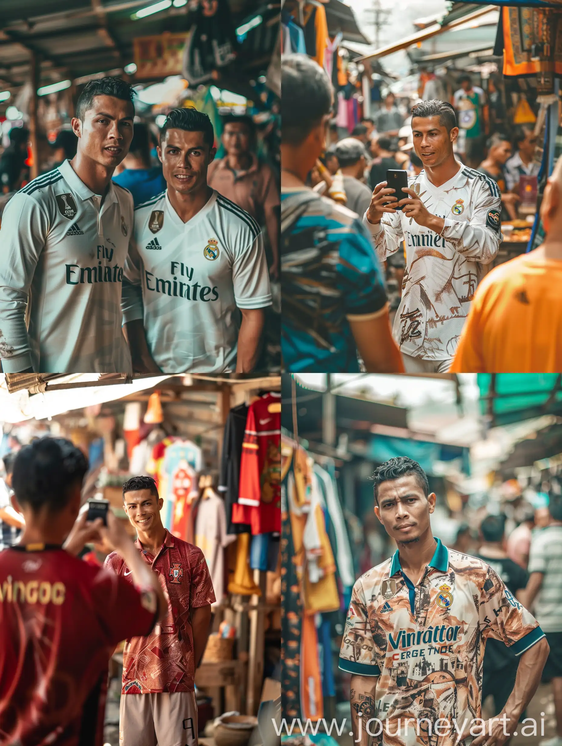 Potrait Seorang pria indonesia mengenakan baju bertulisan "Virgo Creative". Pria itu sedang berfoto bersama seorang Cristiano Ronaldo yang mengenakan jersey Al-Nasr.mereka berfoto di pasar tradisional. Kualitas 8K HD. foto asli.