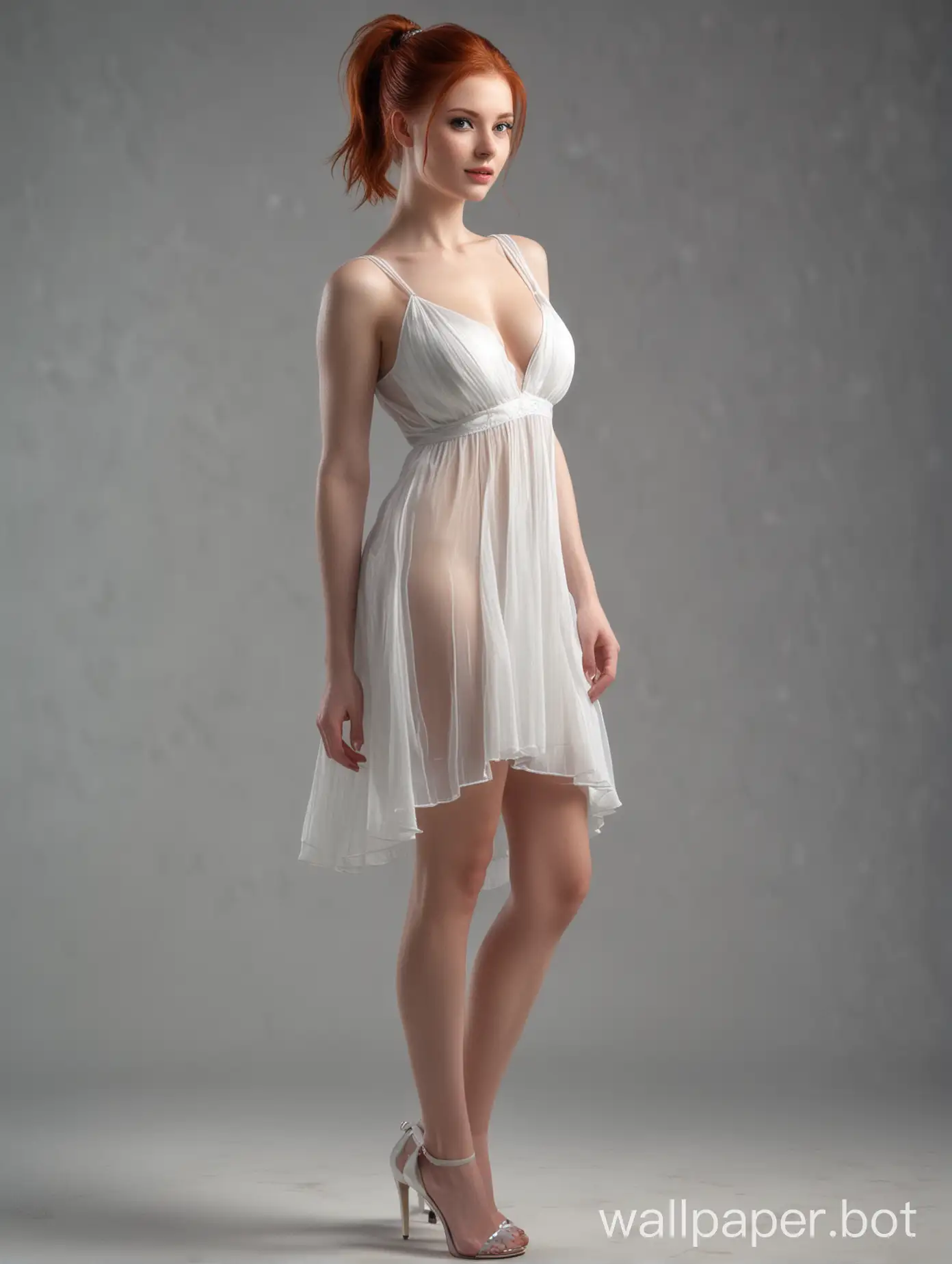 Elegant-Redhead-Model-in-Sheer-White-Dress-and-High-Heels