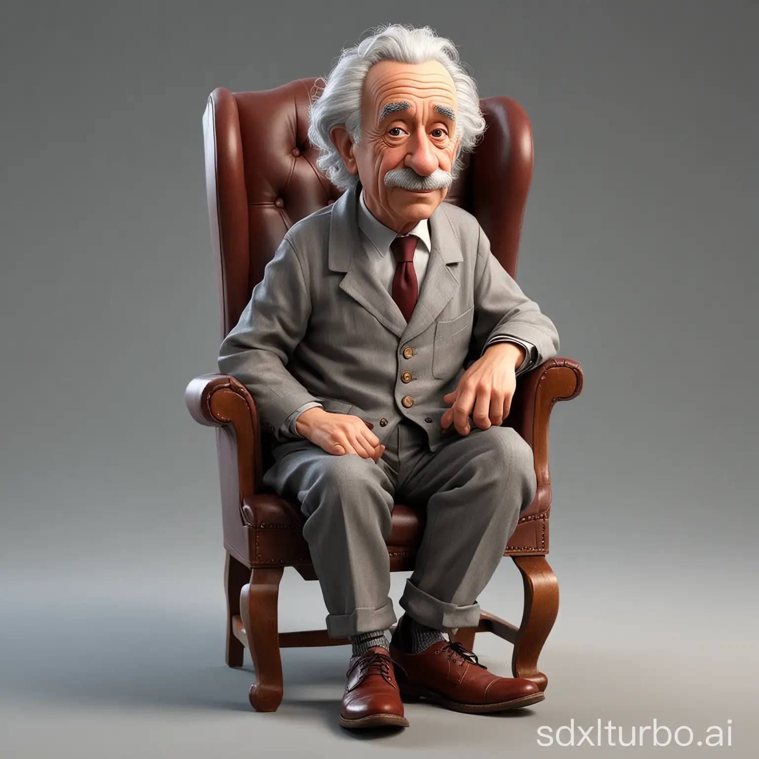 Crete a Caricature 3D Realistic Disney pixar style full body with a big head. "Albert Einstein" a 60 year old man, is sitting relaxed in a classic dark red wingback wooden chair, the wood texture is clear. Wearing a white t-shirt covered with a gray jacket, wearing worn gray cloth trousers. Wearing brown shoes with black shoelaces. Sit with your legs crossed, your right hand holding a short wooden stick, your left hand placed on the edge of the chair. The background should contrast with the color of the chair and clothing,enhancing the overall composition of the picture. Use soft photography lighting, dramatic overhead lighting, very high image quality, clear character details, UHD, 16k.