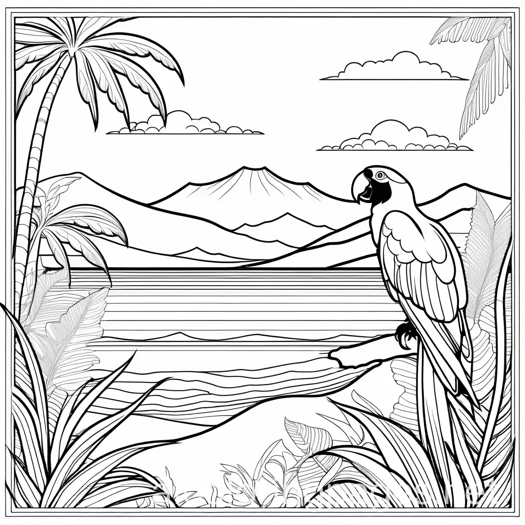 easy coloring book for kids with papagai and in the background the savannah, Coloring Page, black and white, line art, white background, Simplicity, Ample White Space. The background of the coloring page is plain white to make it easy for young children to color within the lines. The outlines of all the subjects are easy to distinguish, making it simple for kids to color without too much difficulty