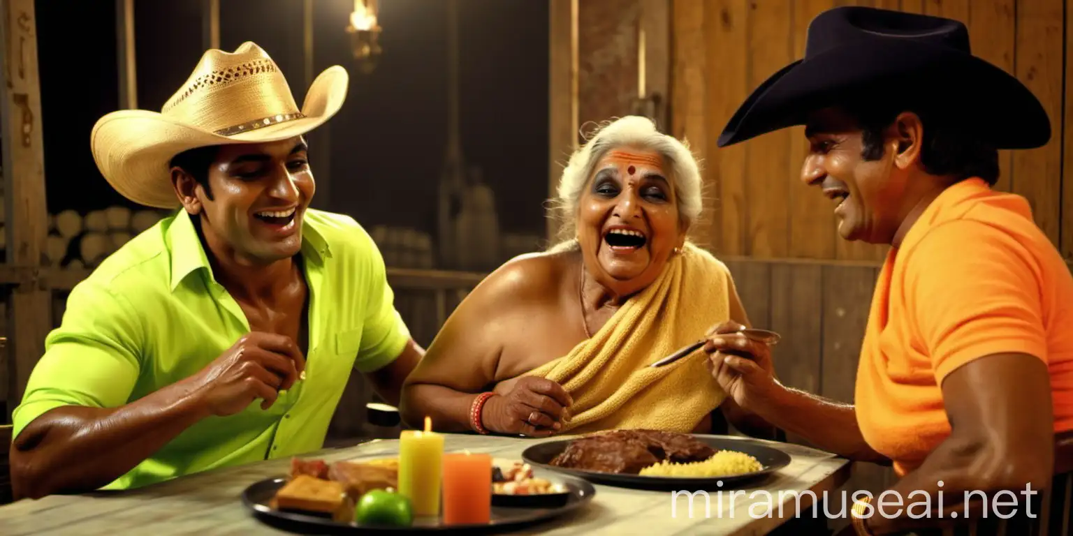 a 23 years indian muscular man is sitting with a 90 years  indian mature fat old woman with make up and wearing a cow boy hat  . both are wearing wet neon golden  towel and sitting on two luxurious chairs. luxurious foods and drinks are served on a table they are sitting face to face and they are happy and laughing. there are doing candel light dinner and a  big horse is near them. they are in a big  stable.