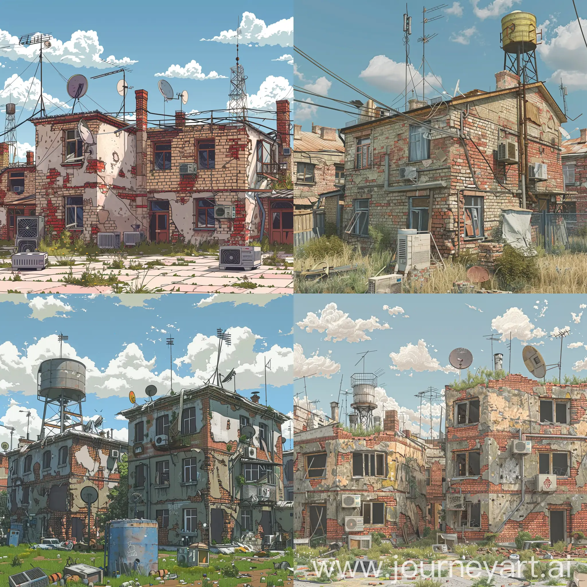 A poor village located near the south of Moscow, where there are two-story, unfinished, tattered, roofless brick residential buildings with TV antennas, water towers and air conditioners in 2D.