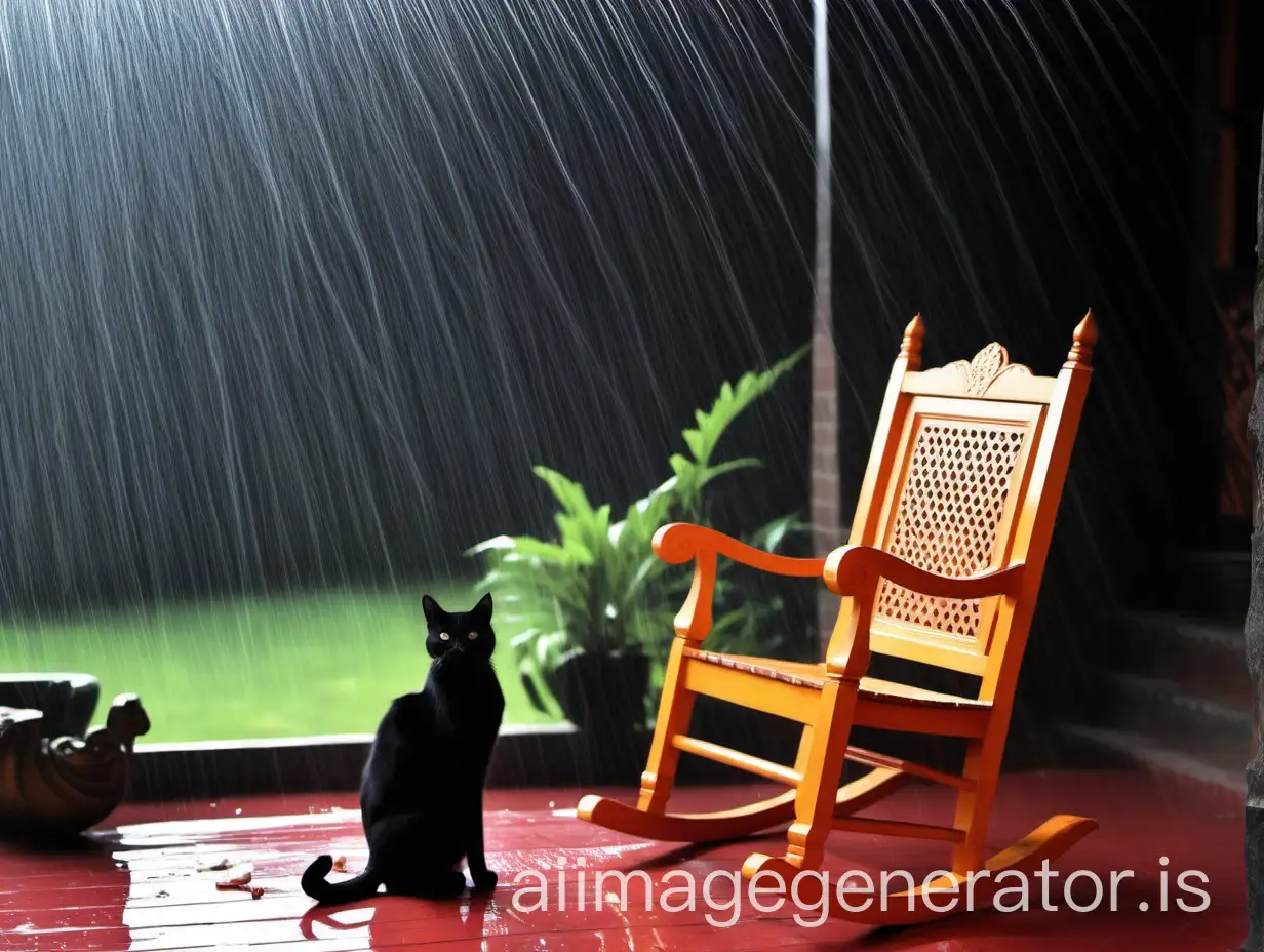 infront of  a luxurious indian bangow many black cats are there and a rocking chair is there. and its raining