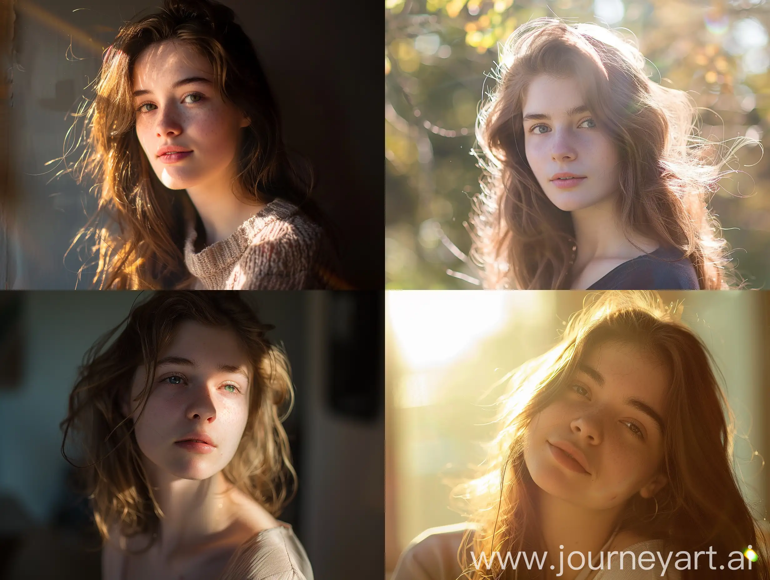 Portrait photography of a young woman, candid photo, dreamlike lighting, sunlight shining through in her hair, 85mm, f 1.2, --ar 4:3