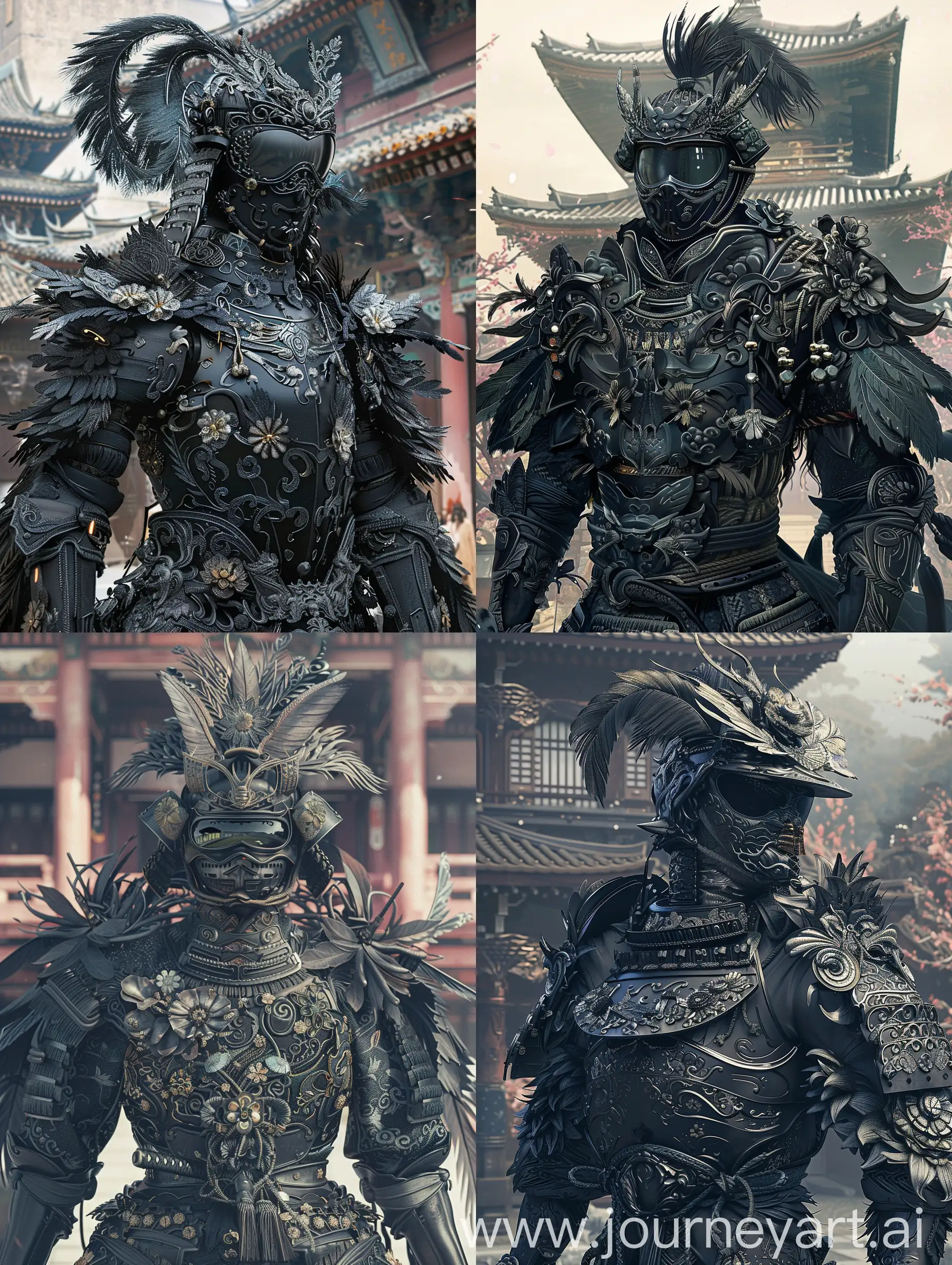 Ornate-Samurai-Warrior-in-Elaborate-Black-Armor-at-Samurai-Temple