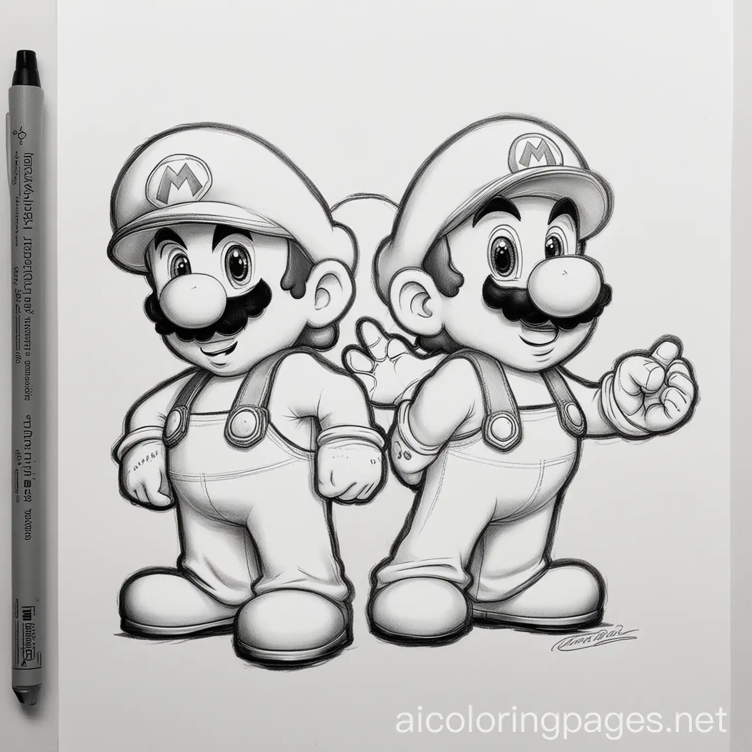 mario and lugi, Coloring Page, black and white, line art, white background, Simplicity, Ample White Space. The background of the coloring page is plain white to make it easy for young children to color within the lines. The outlines of all the subjects are easy to distinguish, making it simple for kids to color without too much difficulty