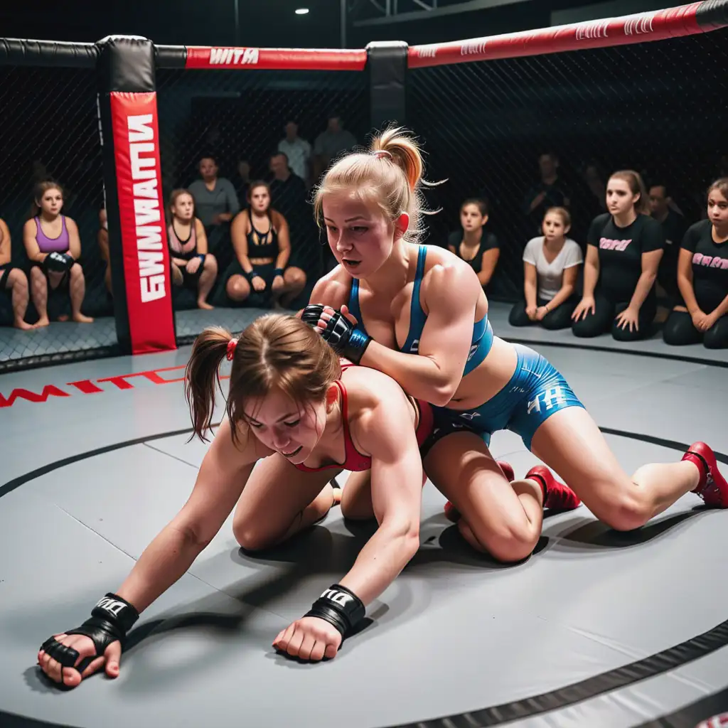 Young Female Fighters Engage in Ground Wrestling Battle within MMA Cage